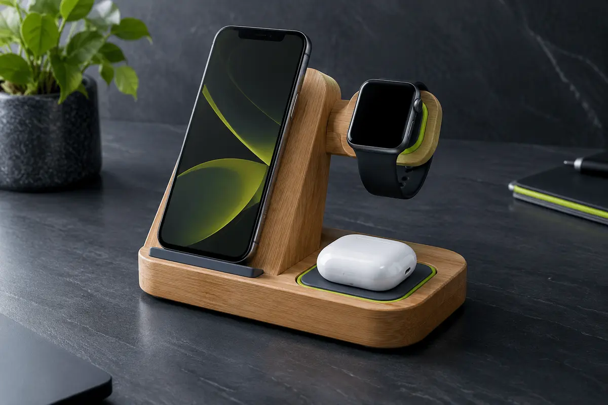 Station de charge GEEKERA aspect bois pour iPhone, Apple Watch et AirPods sur fond ardoise.