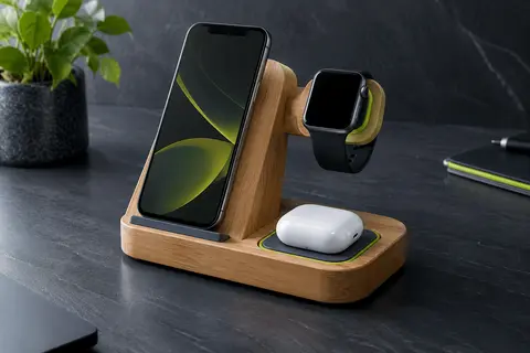 Station de charge GEEKERA aspect bois pour iPhone, Apple Watch et AirPods sur fond ardoise.