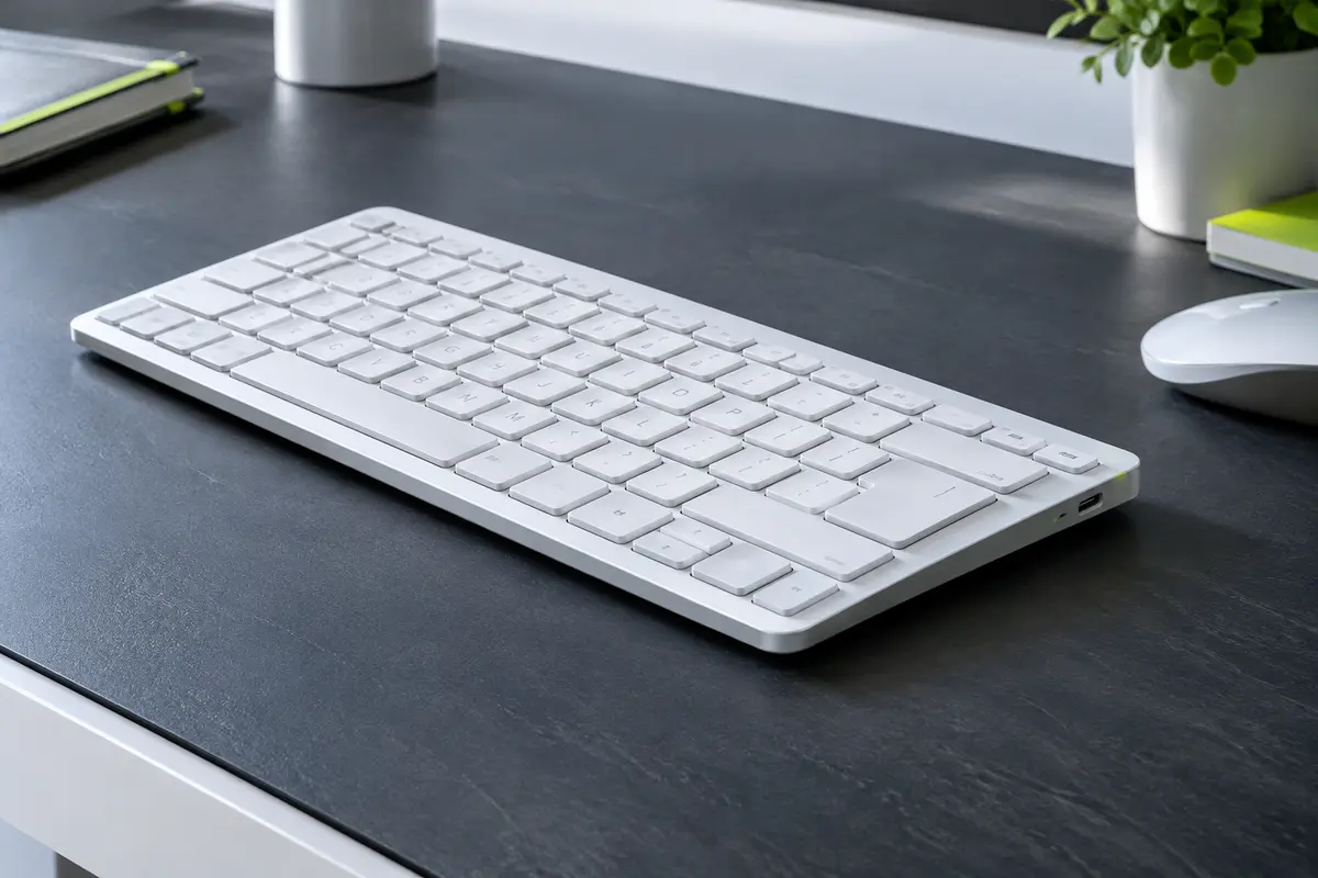 Clavier Bluetooth blanc fin à touches AZERTY, présenté sur un bureau contemporain aux tons ardoise.
