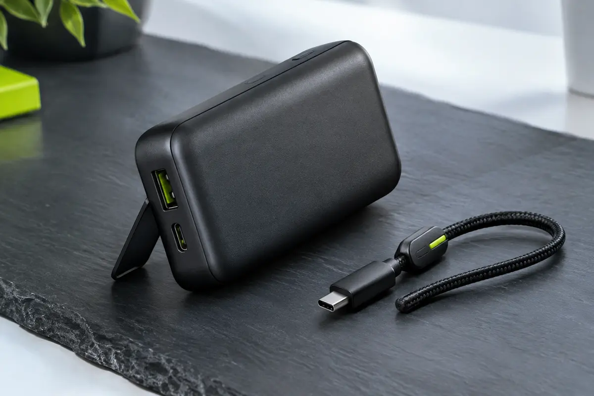 Batterie externe INIU noire avec support intégré et dragonne câble USB-C tressée