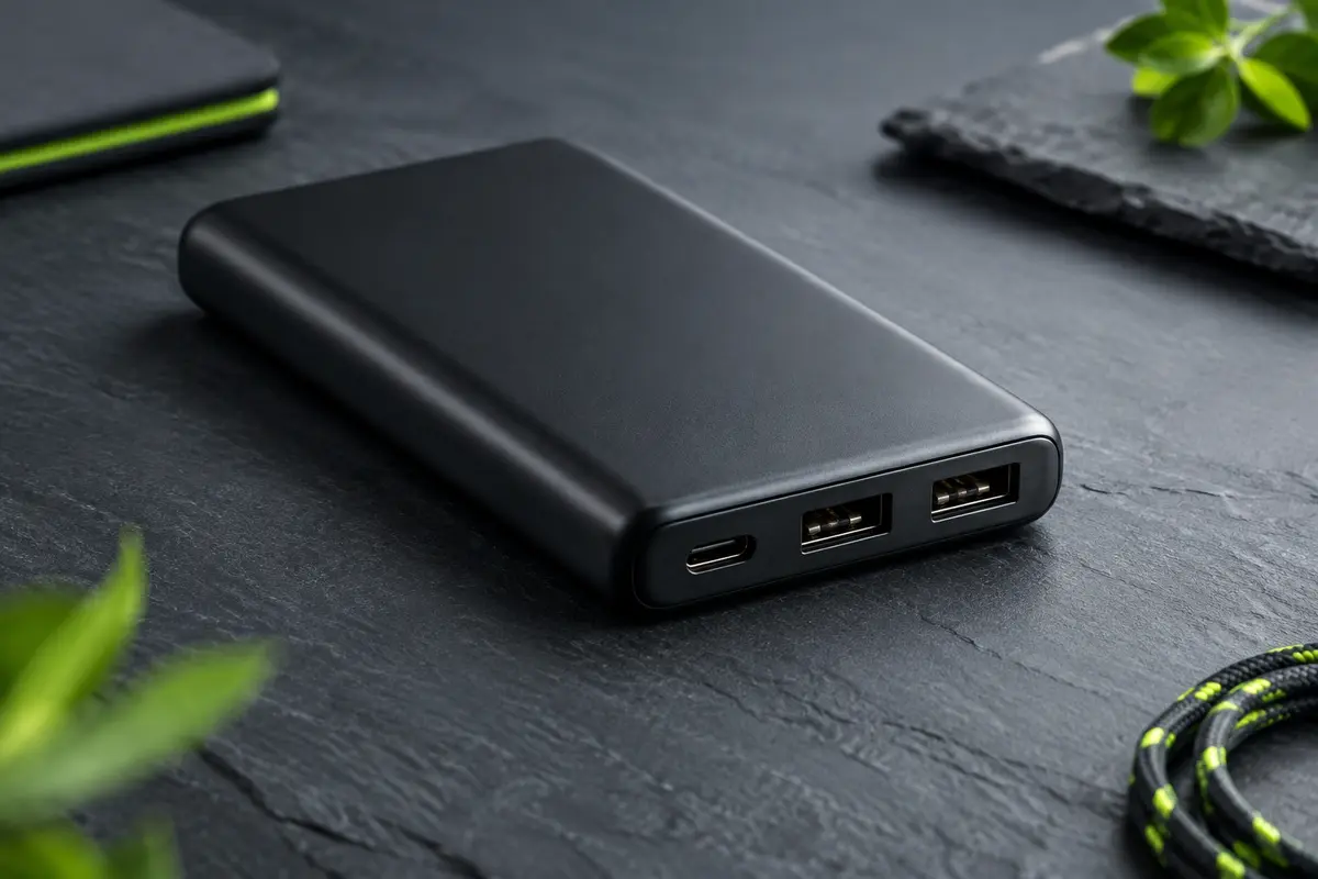 Batterie externe noire INIU de 10 000 mAh avec un port USB-C et deux sorties USB-A