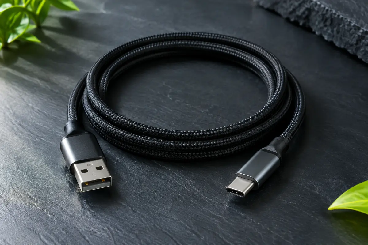 Câble de charge noir tressé de deux mètres avec connecteurs USB-A et USB-C sur fond ardoise.