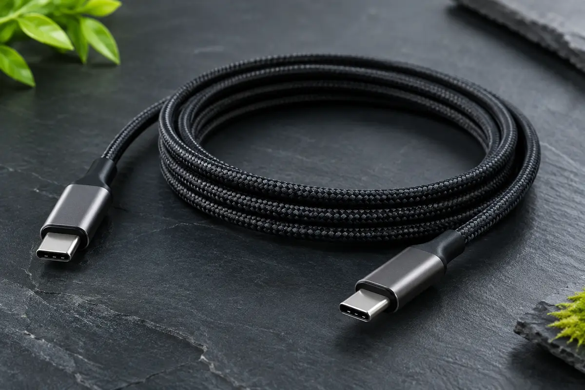 Câble USB-C noir tressé de 2 m avec connecteurs métalliques, présenté sur un fond ardoise.