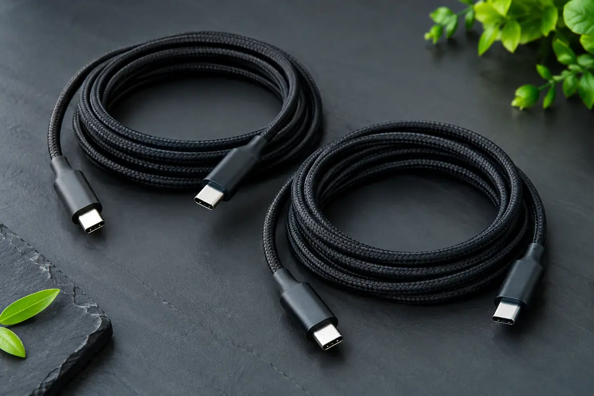 Deux câbles USB-C noirs tressés de 2 m, enroulés sur un fond ardoise contemporain.