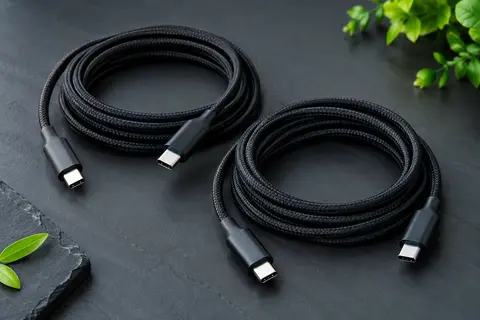 Deux câbles USB-C noirs tressés de 2 m, enroulés sur un fond ardoise contemporain.