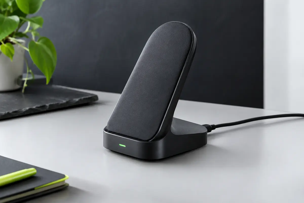 Support de charge sans fil noir avec câble USB-C, posé sur un bureau contemporain au fond ardoise.