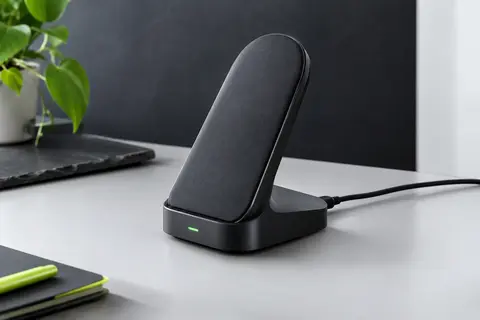 Support de charge sans fil noir avec câble USB-C, posé sur un bureau contemporain au fond ardoise.
