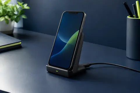 Support de charge sans fil INIU noir avec un téléphone installé à la verticale sur un bureau bleu nuit