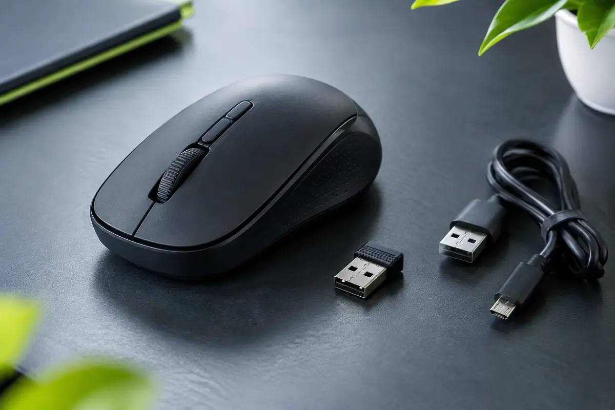 Souris sans fil rechargeable inphic noire avec récepteur USB et câble Micro-USB sur un bureau