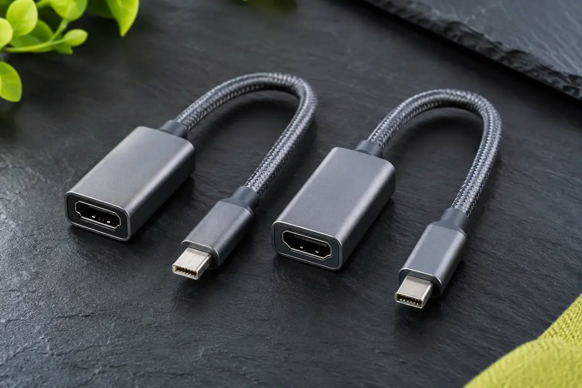 Deux adaptateurs vidéo gris à câble tressé, Mini DisplayPort vers HDMI, présentés sur fond ardoise