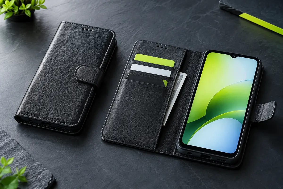 Coque portefeuille noire ivencase ouverte, avec rangements pour cartes et support pour Xiaomi Redmi A5 4G