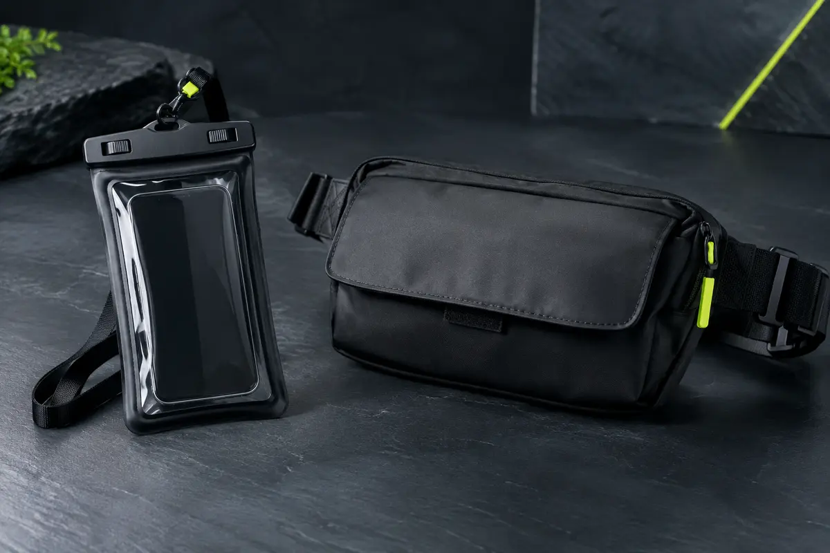 Pochette noire transparente pour téléphone et sacoche banane assortie avec sangle réglable