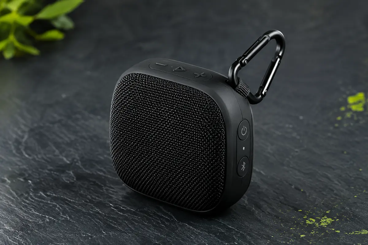 Enceinte Bluetooth portable noire JBL Clip 4 avec mousqueton intégré, sur fond ardoise.
