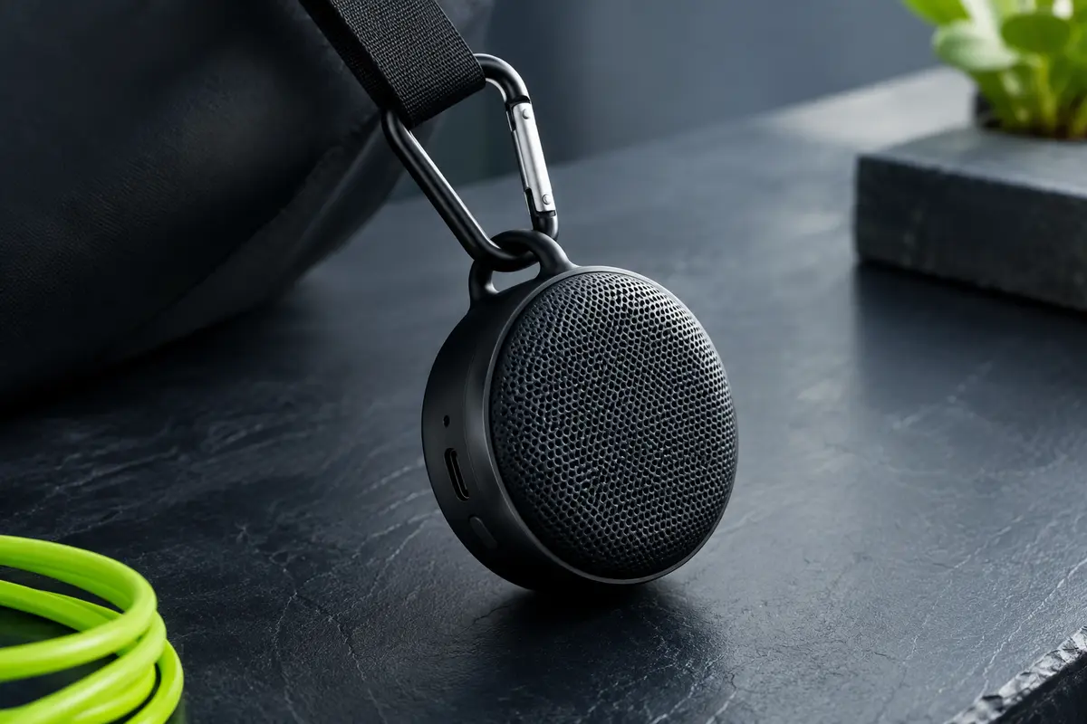 Enceinte Bluetooth JBL Clip 5 noire avec mousqueton intégré, présentée sur un fond ardoise