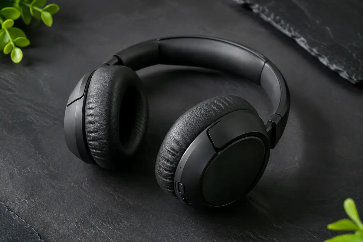 Casque audio JBL Tune 720BT noir pliable posé sur un fond ardoise contemporain