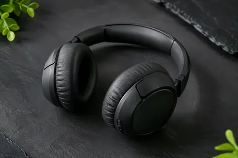 Casque audio JBL Tune 720BT noir pliable posé sur un fond ardoise contemporain