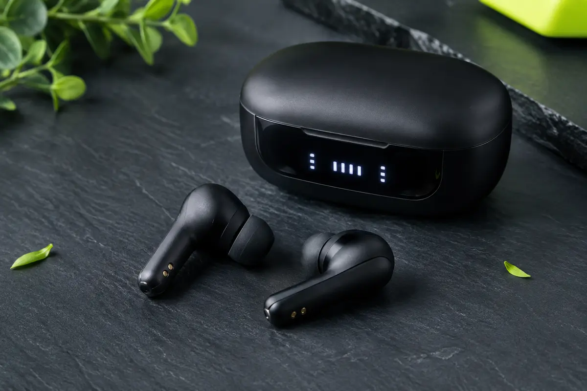 Écouteurs intra-auriculaires noirs Jesebang avec embouts en silicone et étui de charge à écran LED