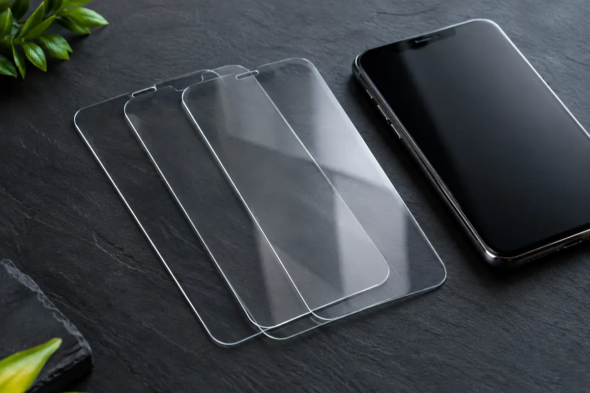 Trois protections d’écran transparentes en verre trempé présentées sur un fond ardoise.