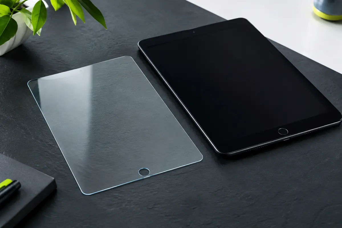 Verre trempé transparent JETech aux bords arrondis, présenté près d’une tablette de 10,2 pouces.