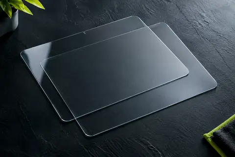 Deux protections d’écran transparentes en verre trempé présentées sur un fond ardoise