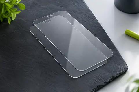 Deux protections transparentes en verre trempé pour iPhone 11 et XR, présentées sur un fond ardoise.