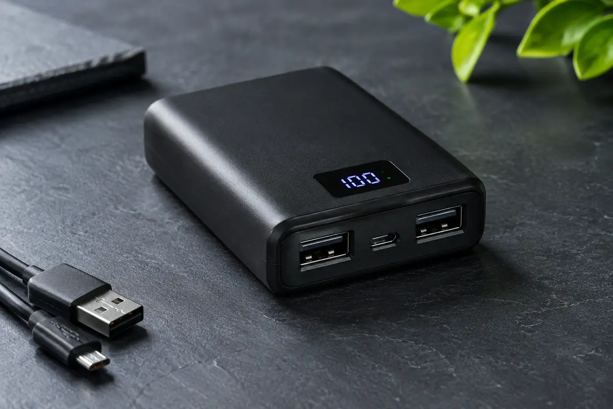 Batterie externe noire JONKUU avec écran LCD et deux sorties USB-A sur fond ardoise