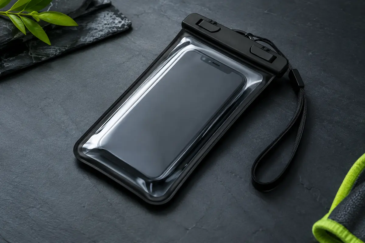Pochette étanche noire pour smartphone, avec partie transparente et dragonne, présentée sur un fond ardoise.