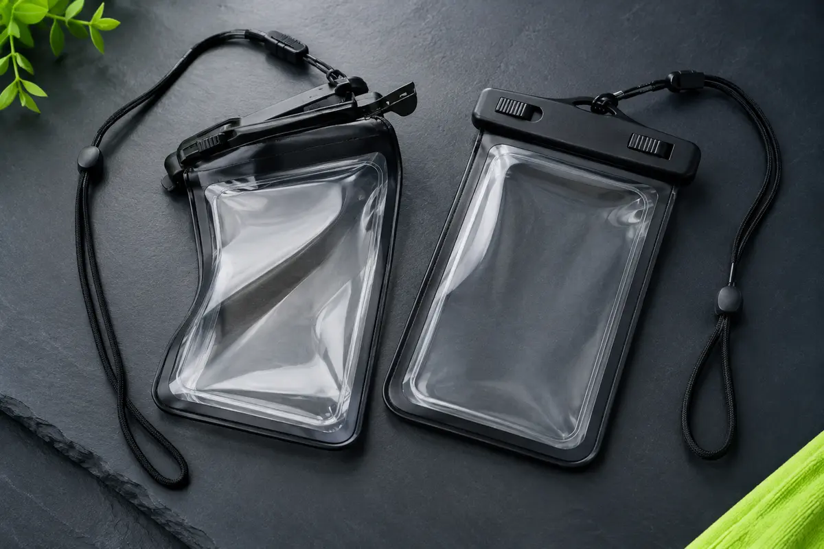 Deux pochettes étanches JOTO en PVC transparent bordé de noir, avec fermeture à clip et cordon