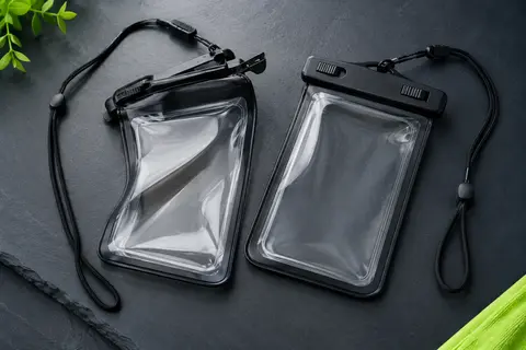 Deux pochettes étanches JOTO en PVC transparent bordé de noir, avec fermeture à clip et cordon