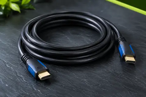 Câble HDMI KabelDirekt noir et bleu de 5 m, enroulé avec ses deux connecteurs mâles visibles