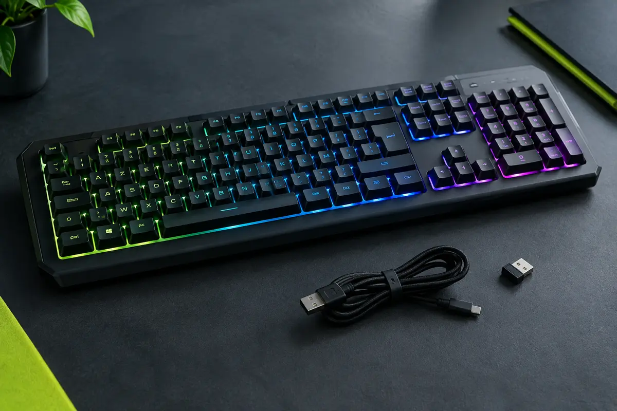 Clavier KLIM Chroma noir AZERTY avec rétroéclairage RGB, récepteur USB et câble de recharge sur fond ardoise.