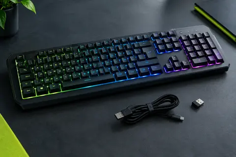 Clavier KLIM Chroma noir AZERTY avec rétroéclairage RGB, récepteur USB et câble de recharge sur fond ardoise.