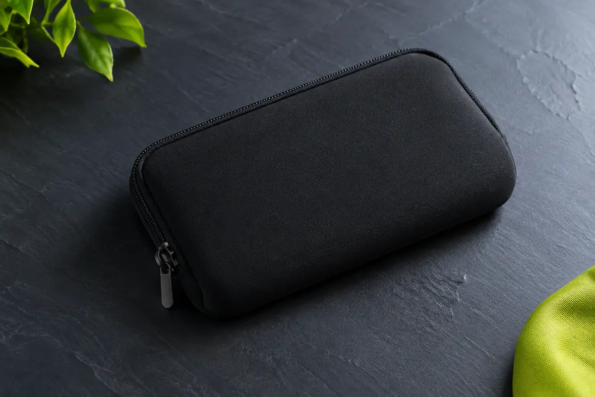Pochette noire en néoprène pour grand smartphone, avec fermeture éclair et finition mate