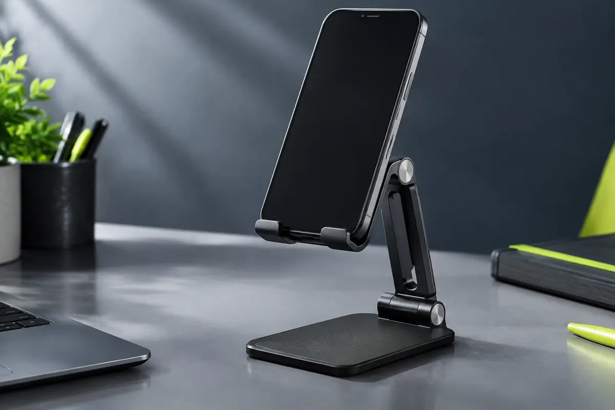 Support de bureau noir pliable et réglable maintenant un smartphone sur un fond ardoise contemporain.