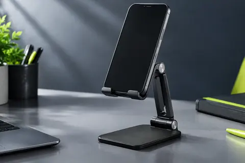 Support de bureau noir pliable et réglable maintenant un smartphone sur un fond ardoise contemporain.
