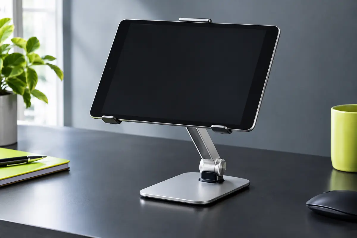 Support de table argenté réglable maintenant une tablette horizontale sur un bureau contemporain