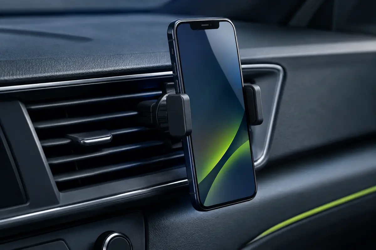 Support Lamicall noir fixé à une grille d’aération, avec un smartphone installé et orienté en mode portrait.
