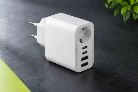 Adaptateur mural blanc avec une sortie secteur, deux ports USB-C et deux ports USB-A sur fond ardoise.