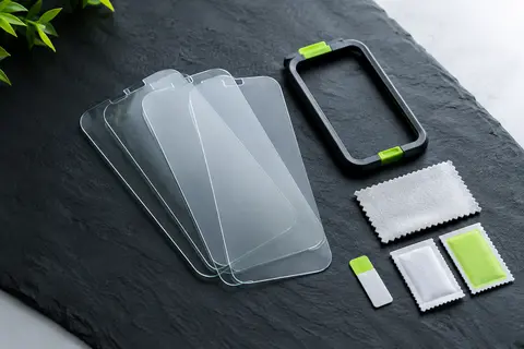 Trois protections d’écran transparentes en verre trempé présentées avec un outil de positionnement sur fond ardoise