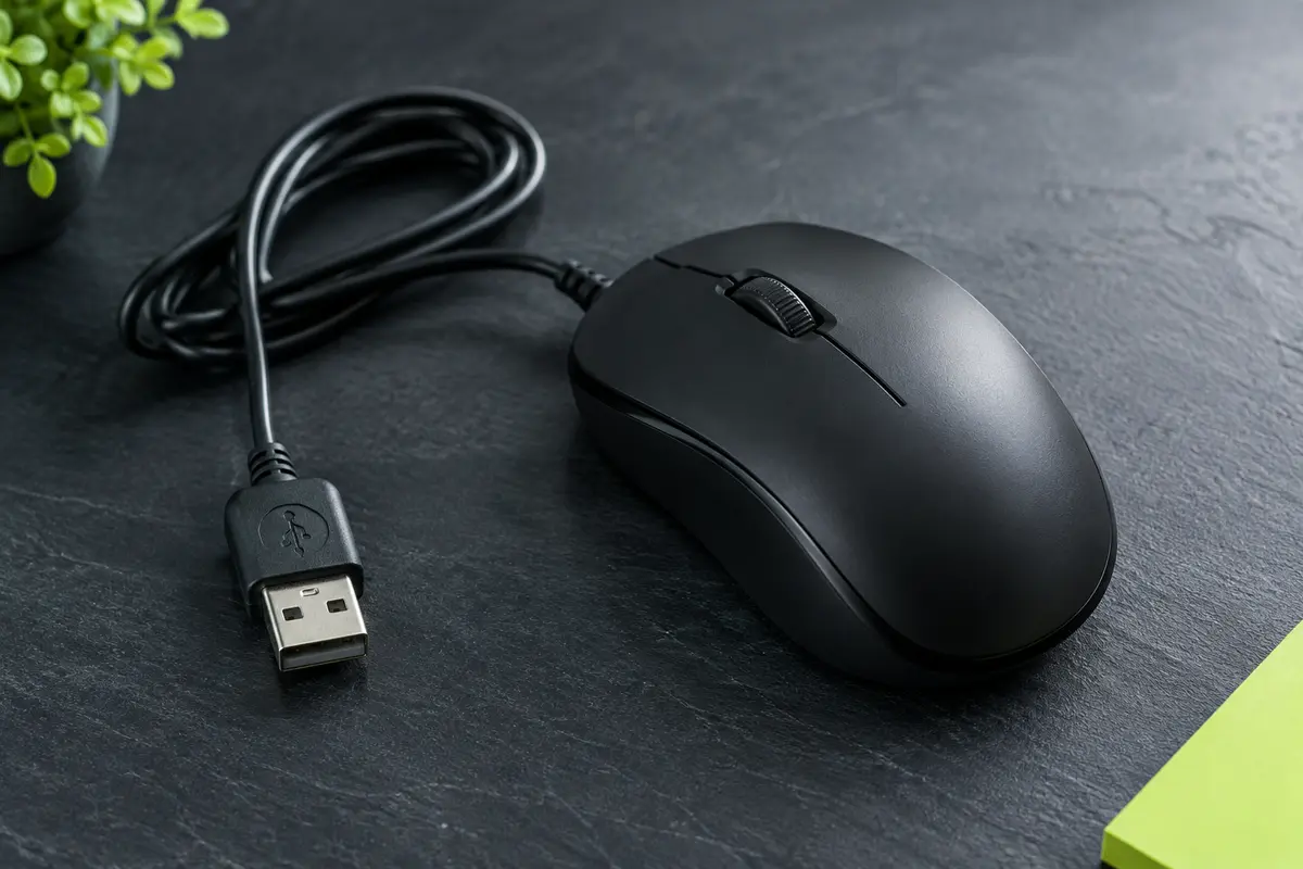 Souris optique filaire noire ambidextre avec molette et câble USB, présentée sur un fond ardoise.