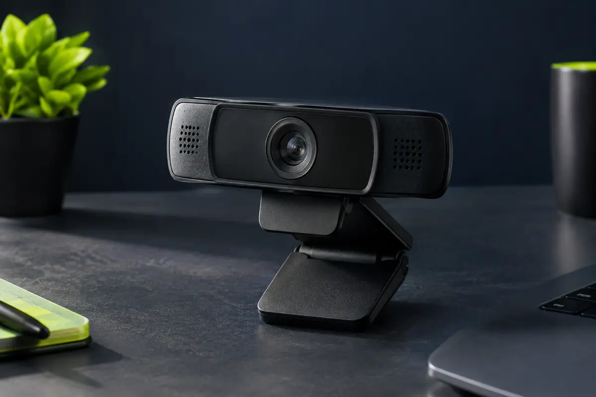 Webcam Logitech noire compacte avec objectif en verre, présentée sur un bureau au fond bleu nuit.