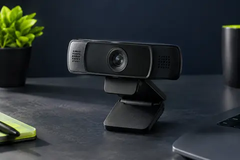 Webcam Logitech noire compacte avec objectif en verre, présentée sur un bureau au fond bleu nuit.
