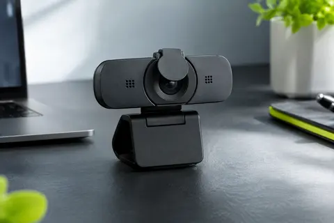 Webcam noire avec objectif central et obturateur de confidentialité fermé, posée sur un bureau sobre.