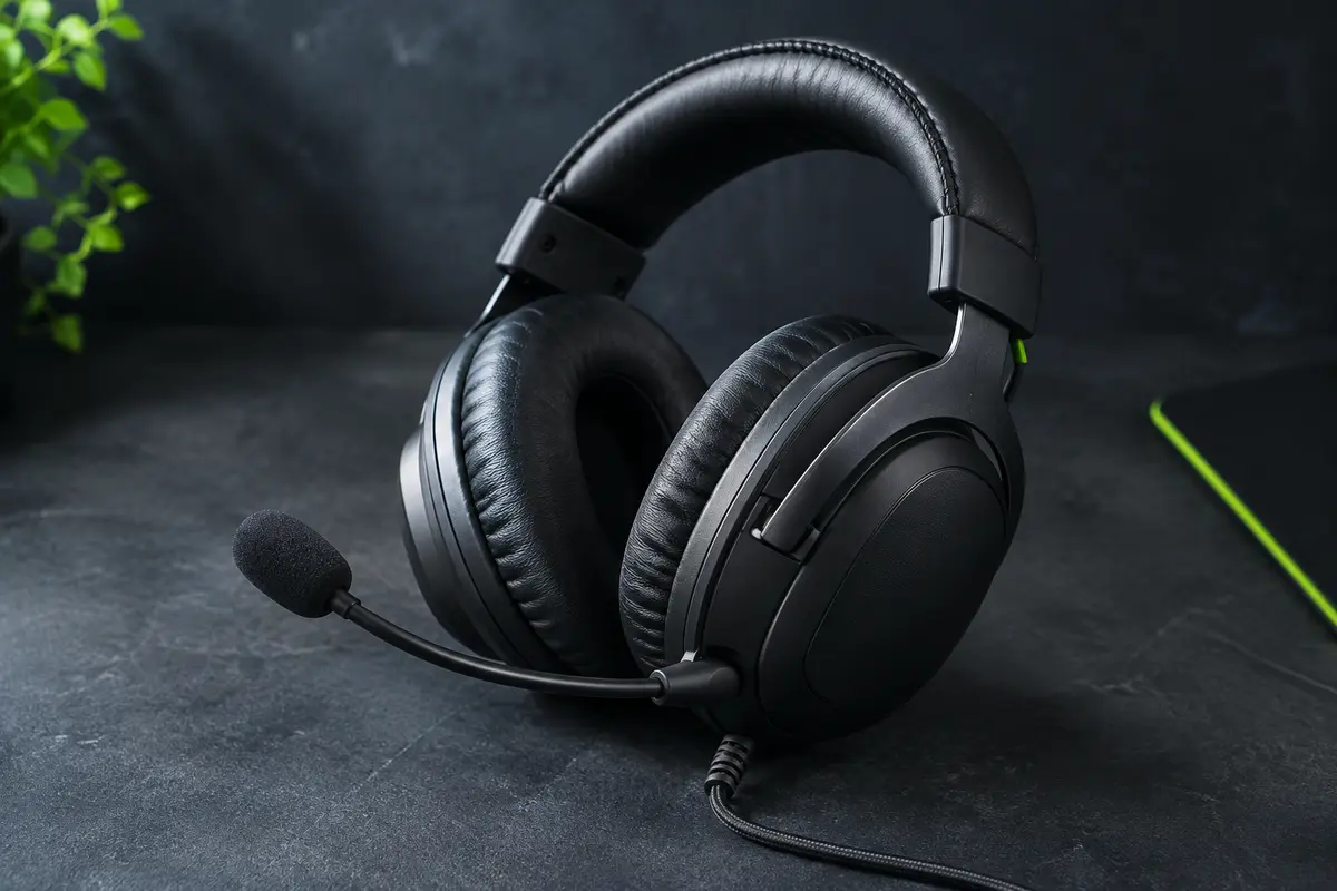 Casque gaming filaire noir avec oreillettes en similicuir, micro relevable et câble visible sur fond ardoise.