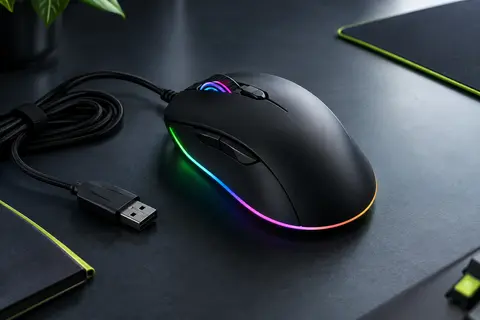 Souris gaming noire filaire avec éclairage RVB, molette centrale et câble USB sur un bureau sombre.