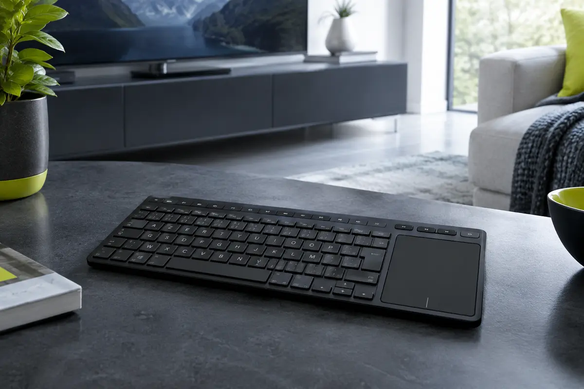 Clavier sans fil noir Logitech K400 Plus en AZERTY, avec pavé tactile intégré, présenté dans un salon contemporain.