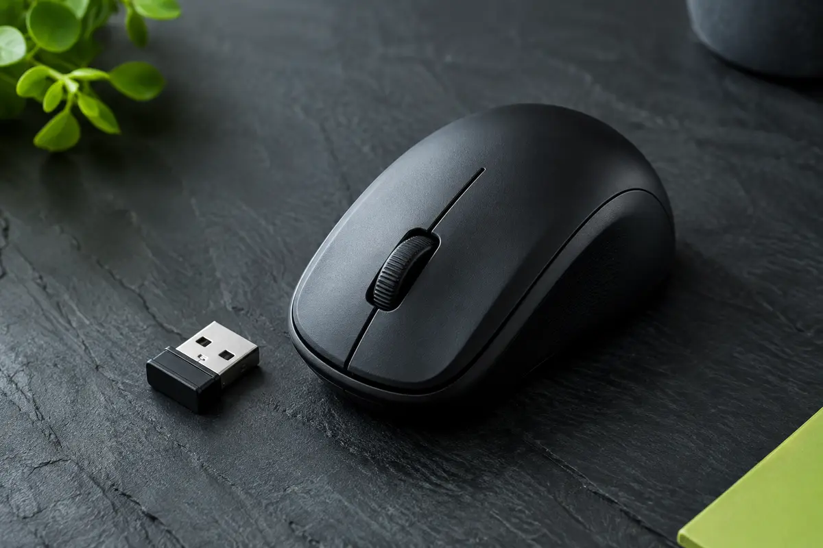 Souris sans fil compacte noire avec deux boutons, molette centrale et récepteur USB sur fond ardoise.
