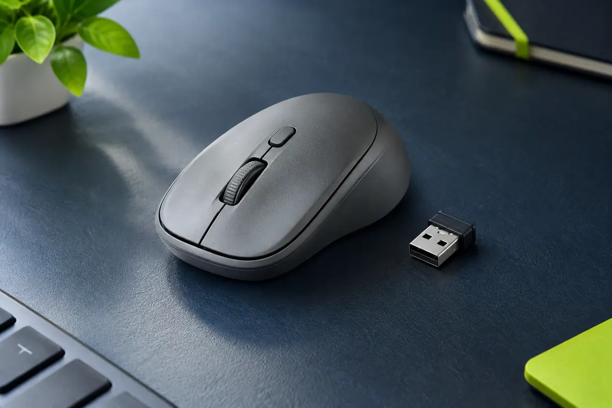 Souris sans fil compacte grise avec roulette centrale et mini récepteur USB sur un bureau bleu nuit.