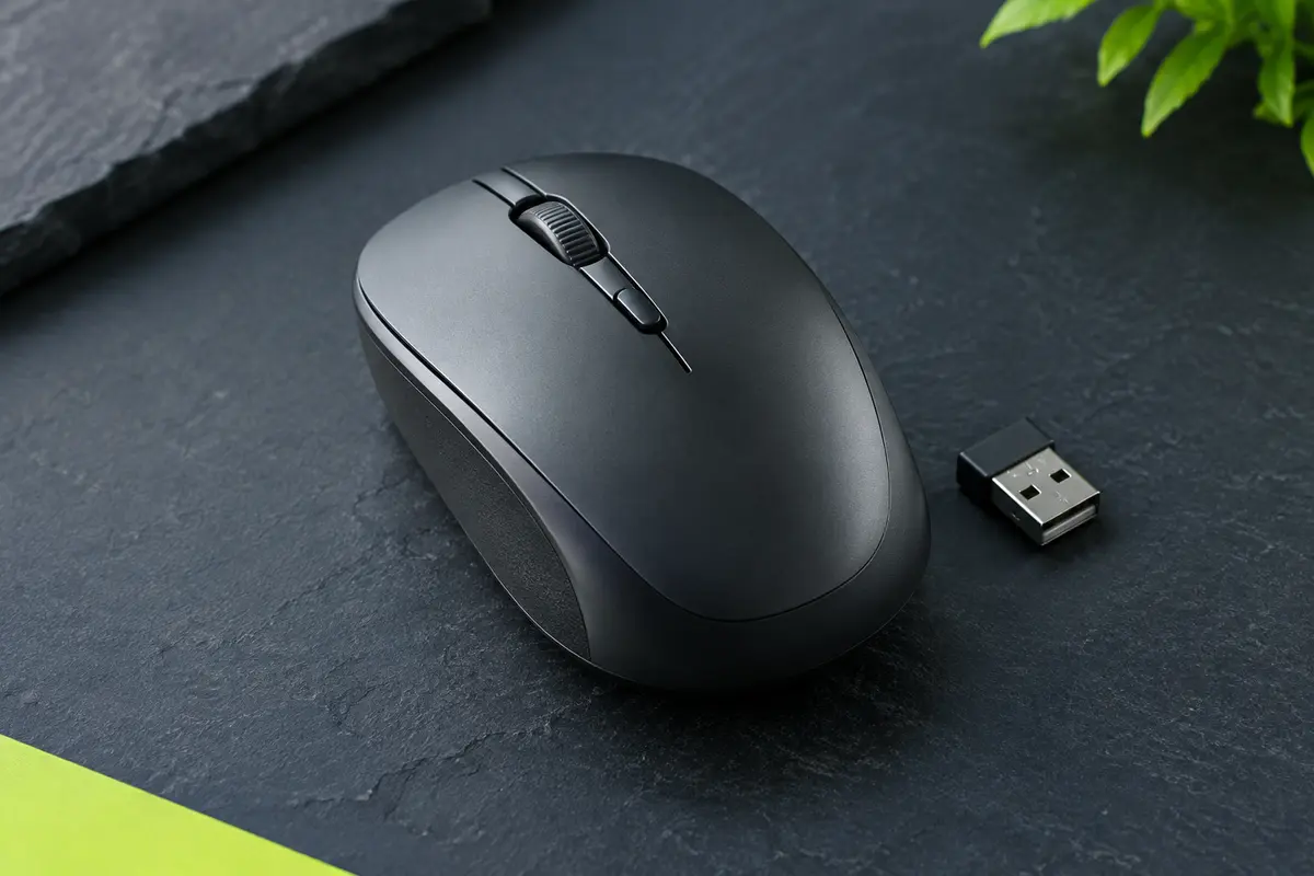 Souris sans fil Logitech M220 Silent graphite avec molette centrale et nano-récepteur USB sur fond ardoise.