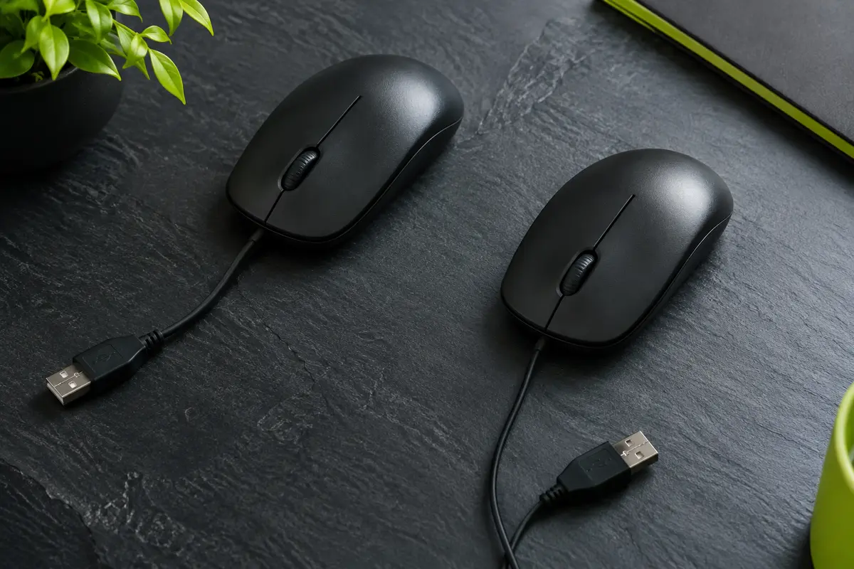 Deux souris Logitech M90 noires et filaires, présentées sur un fond ardoise avec leurs câbles USB visibles.